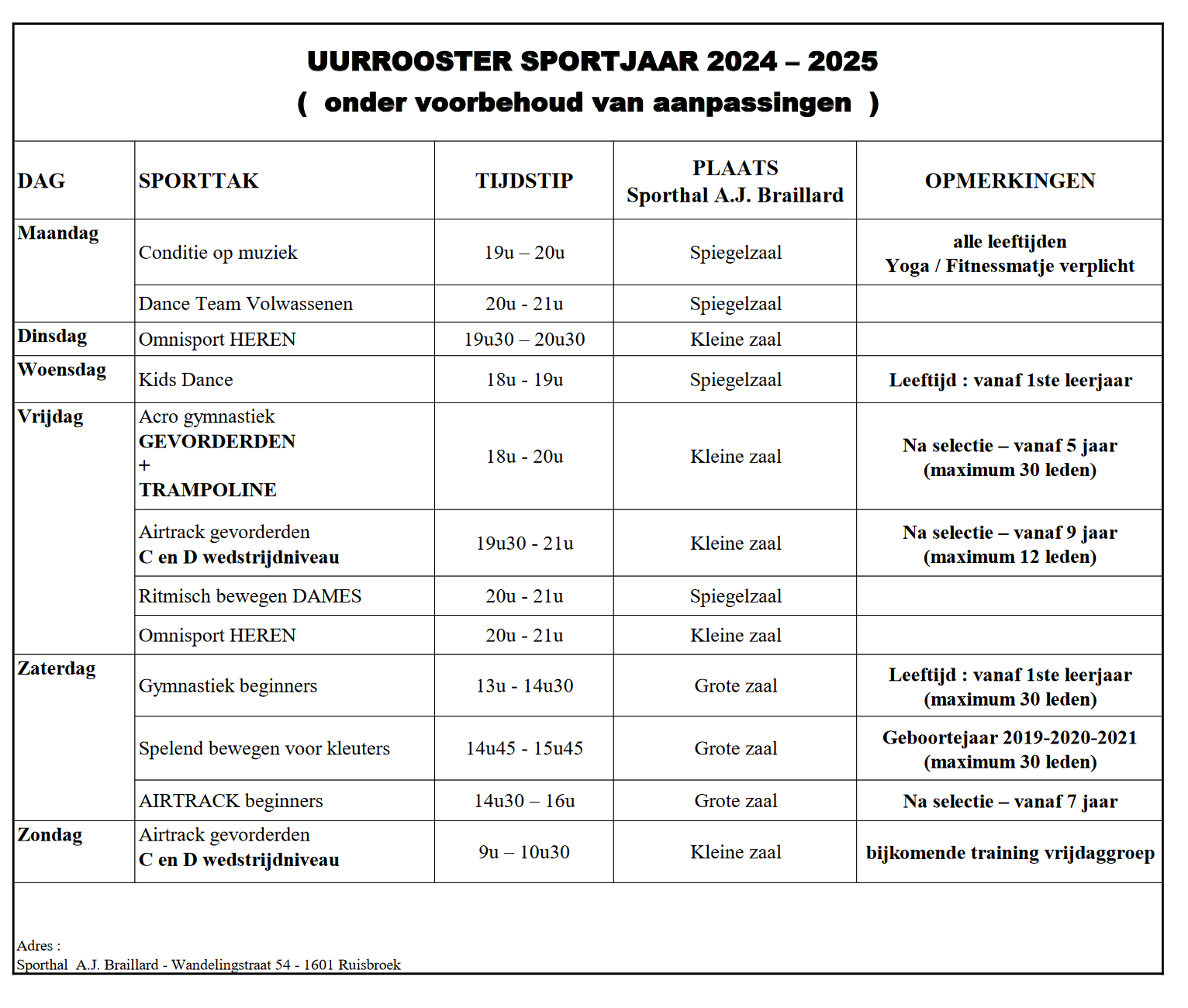 Verbroedering Uurooster