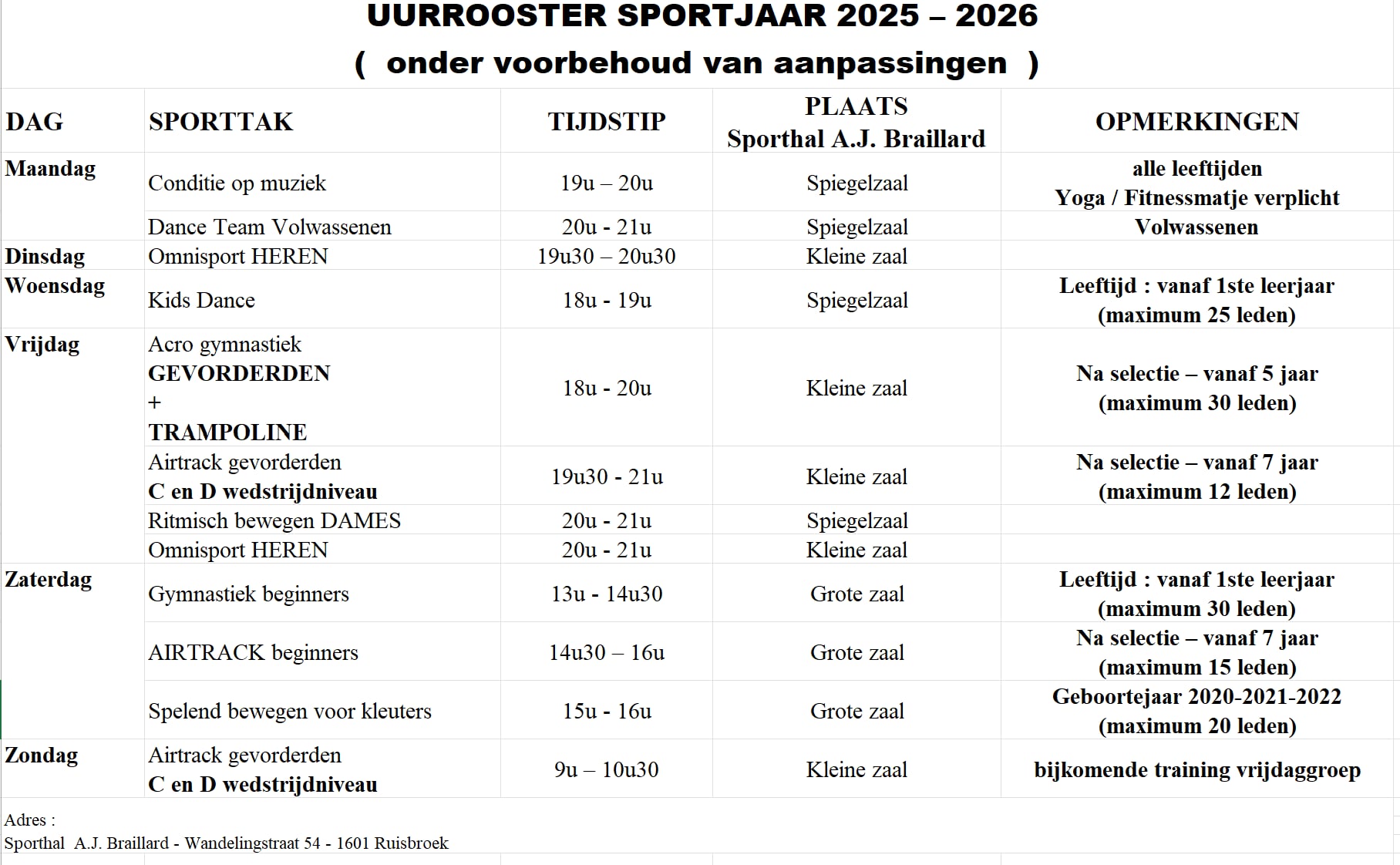 Verbroedering Uurooster