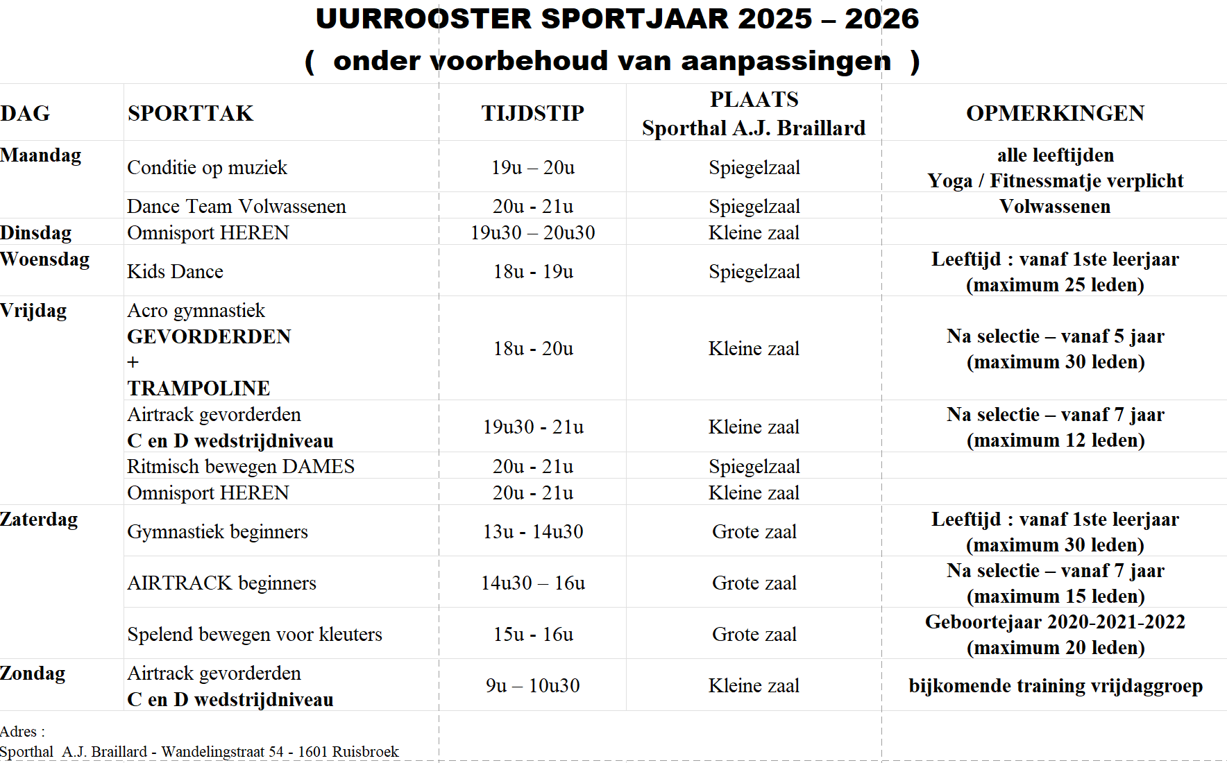 Verbroedering Uurooster