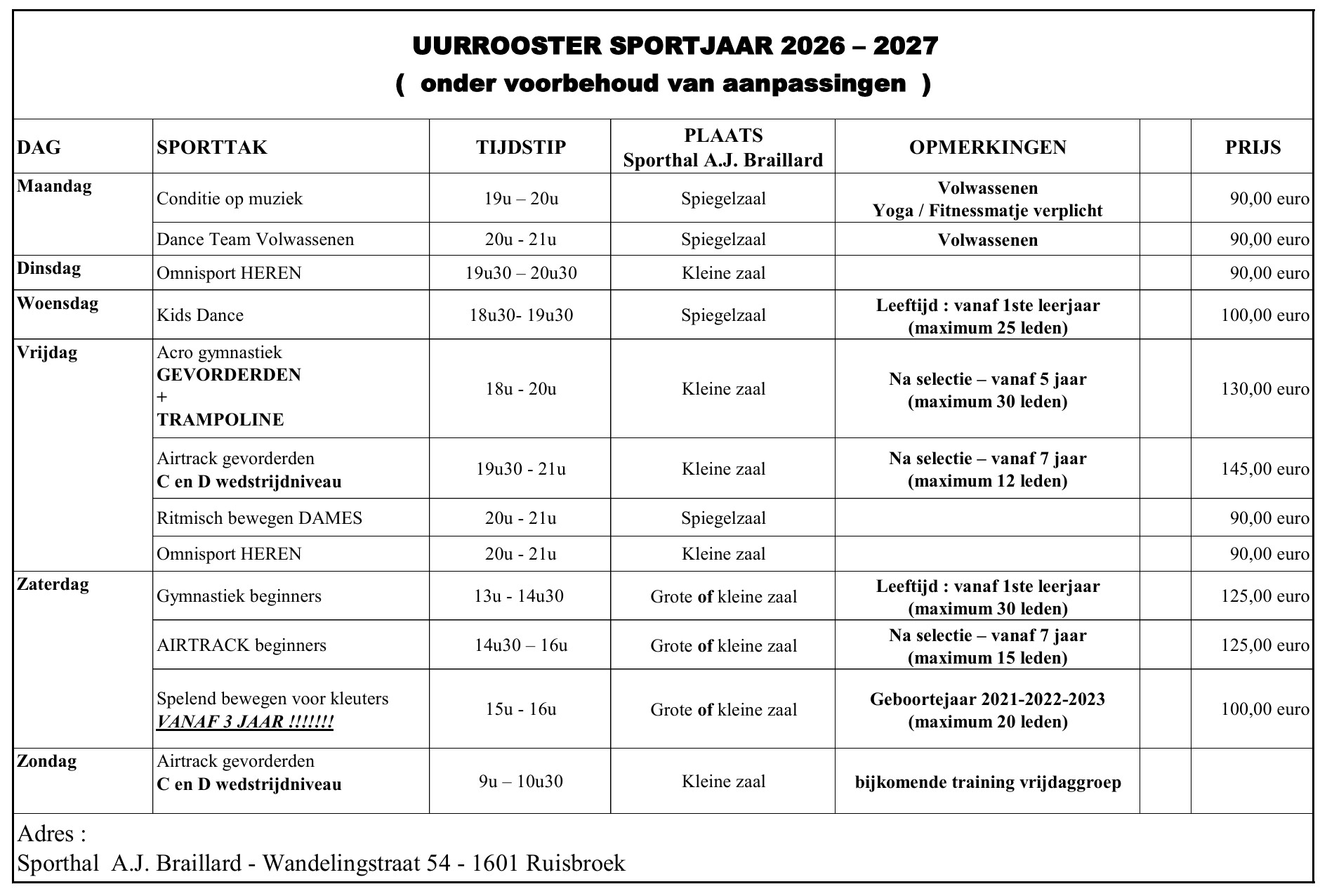 Verbroedering Uurooster